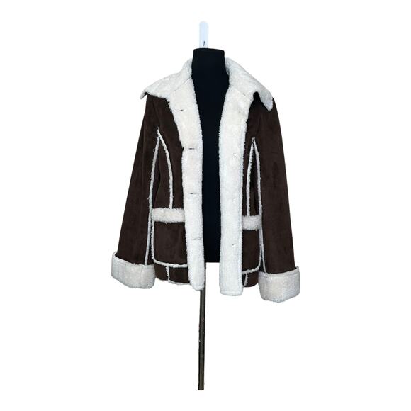 MiFresia Brown Suede White Sheerling Trim Button Jacket size M - Picture 12 of 14